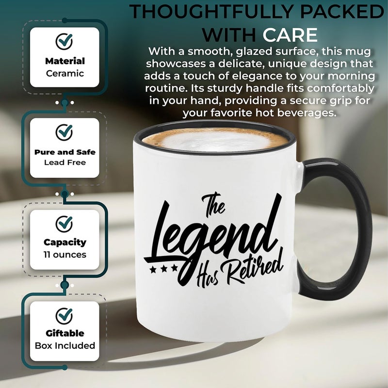 shop4ever The Legend Has Retired Ceramic Coffee Mug Tea Cup Funny Retirement Gift for Him, Her 11 oz. (Black Handle) - Image 4